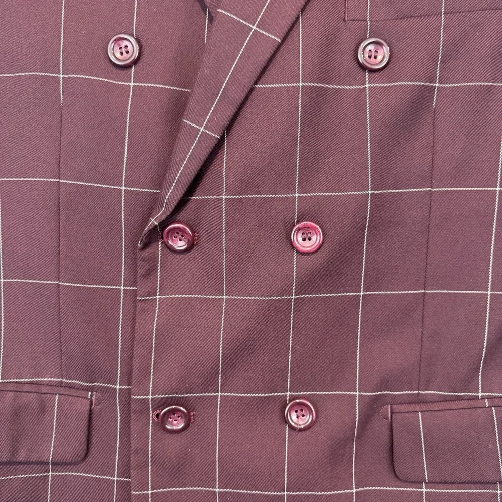 Designed‎ in Italy Mens Burgundy Windowpane Double Breasted Blazer Jacket 42R